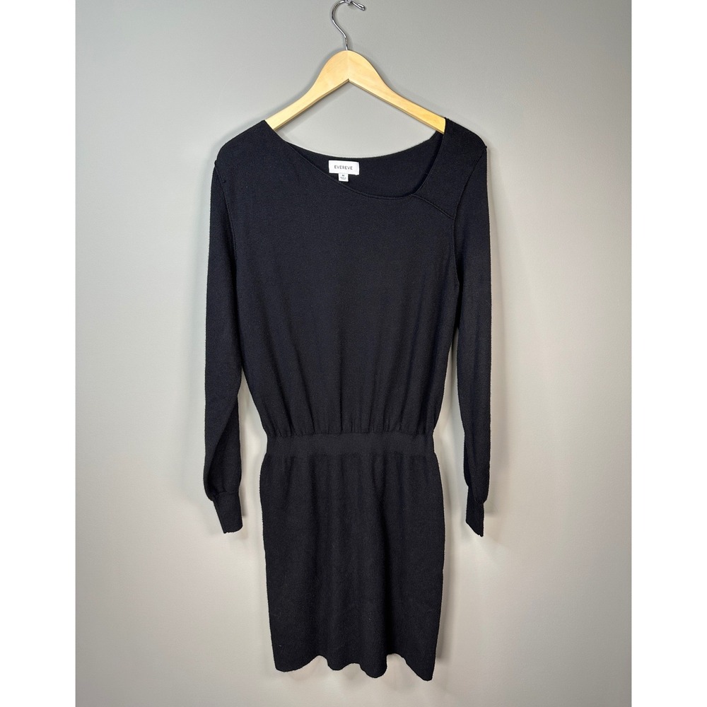 Evereve Knit Dress Womens M Black Asymmetrical Neck Elastic Waist Long Sleeve